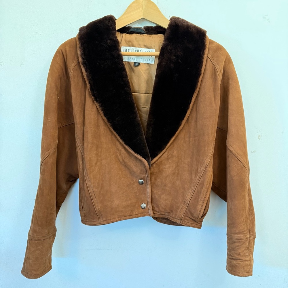Brown 100% Real Suede Jacket with Faux Fur Collar XS